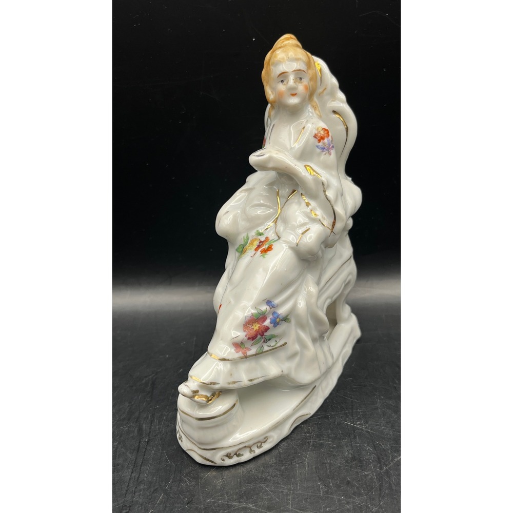 Vtg Hand Painted Porcelain Figurine Victorian Woman Seated Chair Japan 5" x 4"